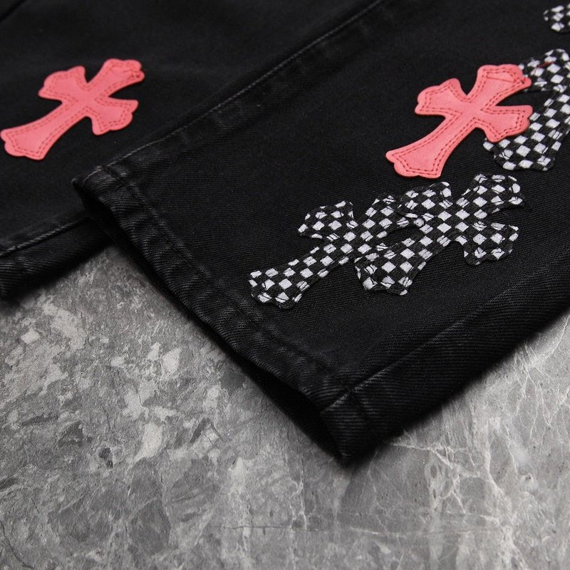 CHROME HEARTS PINK & CHECKERED CROSS PATCH FLEURKNEE JEANS BLACK - Sin Sity Reps