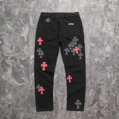 CHROME HEARTS PINK & CHECKERED CROSS PATCH FLEURKNEE JEANS BLACK - Sin Sity Reps