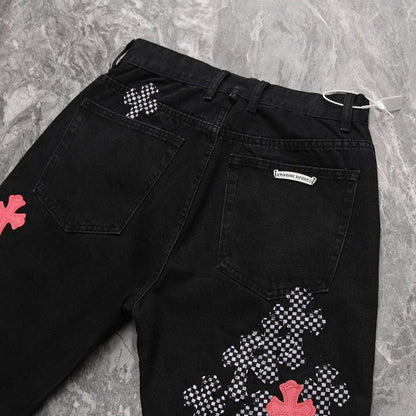 CHROME HEARTS PINK & CHECKERED CROSS PATCH FLEURKNEE JEANS BLACK - Sin Sity Reps