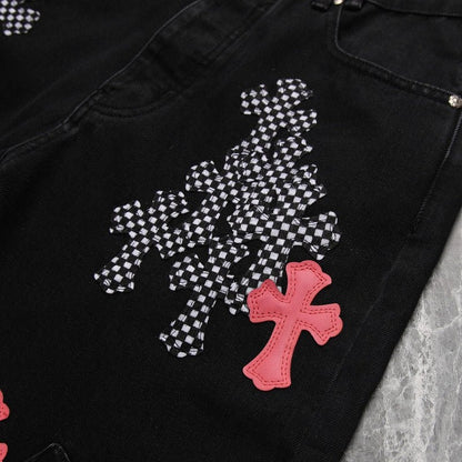 CHROME HEARTS PINK & CHECKERED CROSS PATCH FLEURKNEE JEANS BLACK - Sin Sity Reps