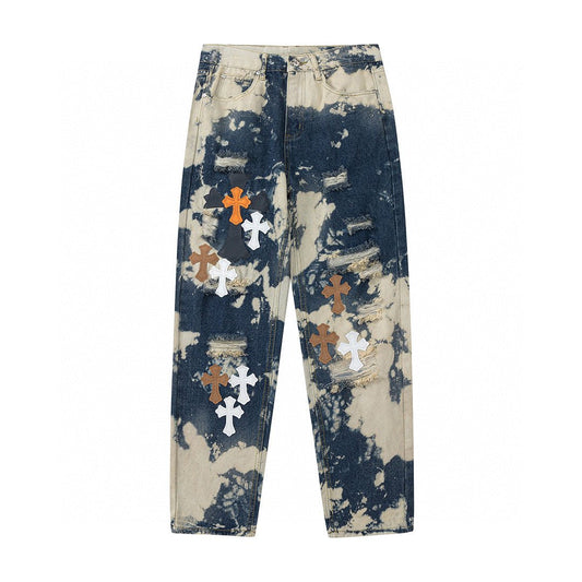 CHROME HEARTS TIE DYE WHITE ORANGE CROSS PATCH JEANS - Sin Sity Reps