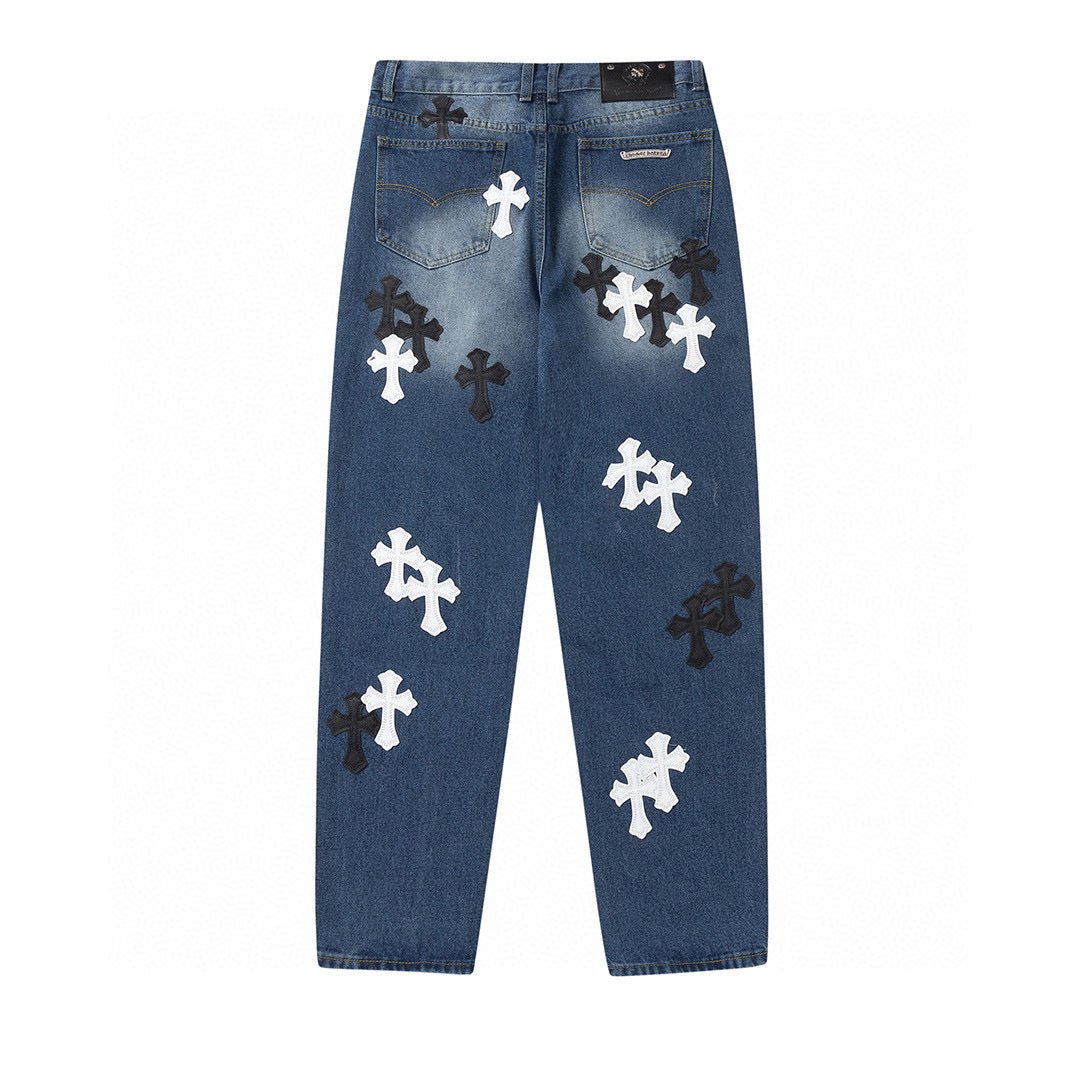 CHROME HEARTS WHITE BLACK CROSS PATCH JEANS DENIM - Sin Sity Reps