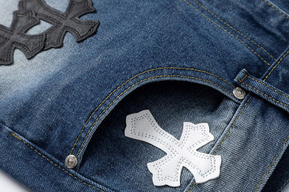 CHROME HEARTS WHITE BLACK CROSS PATCH JEANS DENIM - Sin Sity Reps