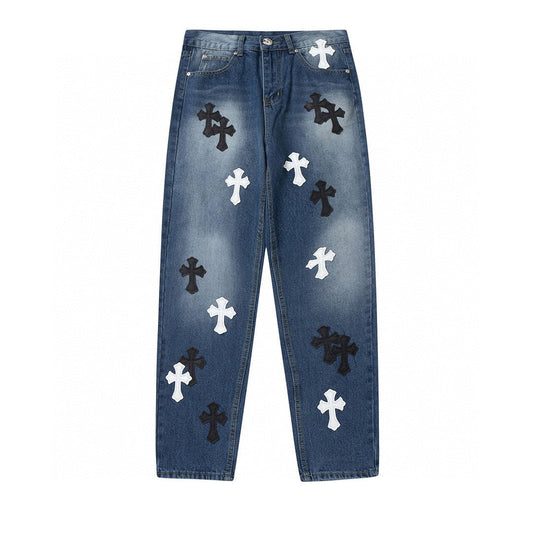 CHROME HEARTS WHITE BLACK CROSS PATCH JEANS DENIM - Sin Sity Reps