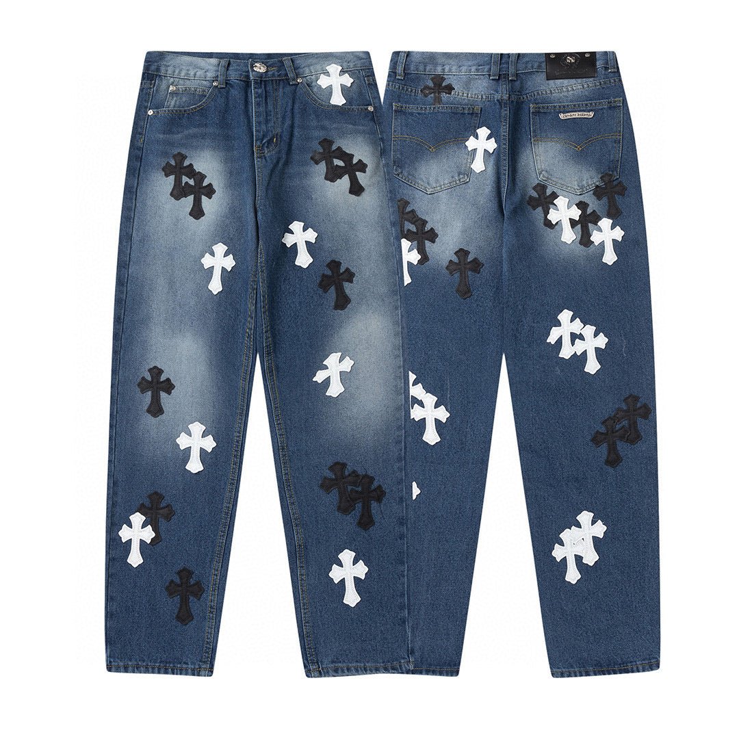 CHROME HEARTS WHITE BLACK CROSS PATCH JEANS DENIM - Sin Sity Reps