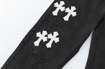 CHROME HEARTS WHITE CROSS PATCH JEANS BLACK - Sin Sity Reps