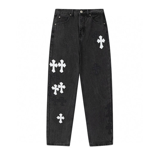 CHROME HEARTS WHITE CROSS PATCH JEANS BLACK - Sin Sity Reps