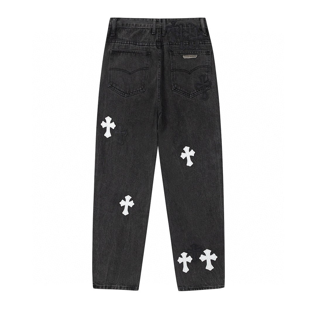 CHROME HEARTS WHITE CROSS PATCH JEANS BLACK - Sin Sity Reps