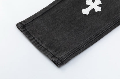 CHROME HEARTS WHITE CROSS PATCH JEANS BLACK - Sin Sity Reps