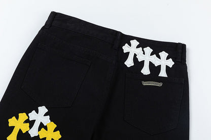 CHROME HEARTS WHITE YELLOW CROSS PATCH JEANS BLACK - Sin Sity Reps