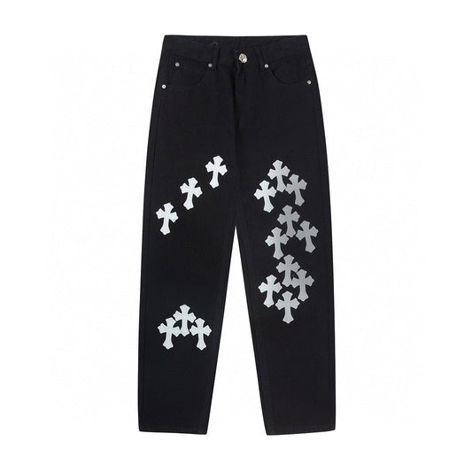 CHROME HEARTS WHITE YELLOW CROSS PATCH JEANS BLACK - Sin Sity Reps