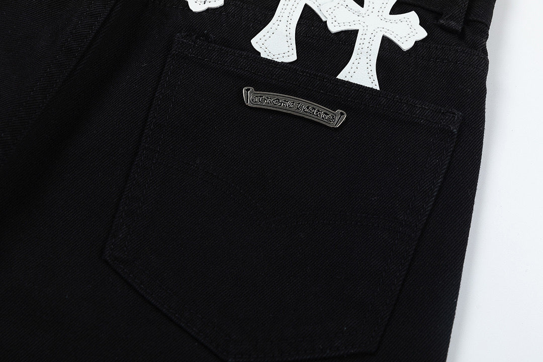 CHROME HEARTS WHITE YELLOW CROSS PATCH JEANS BLACK - Sin Sity Reps