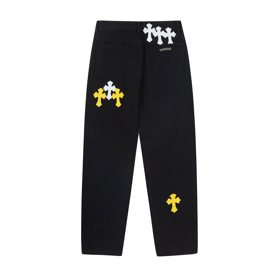 CHROME HEARTS WHITE YELLOW CROSS PATCH JEANS BLACK - Sin Sity Reps