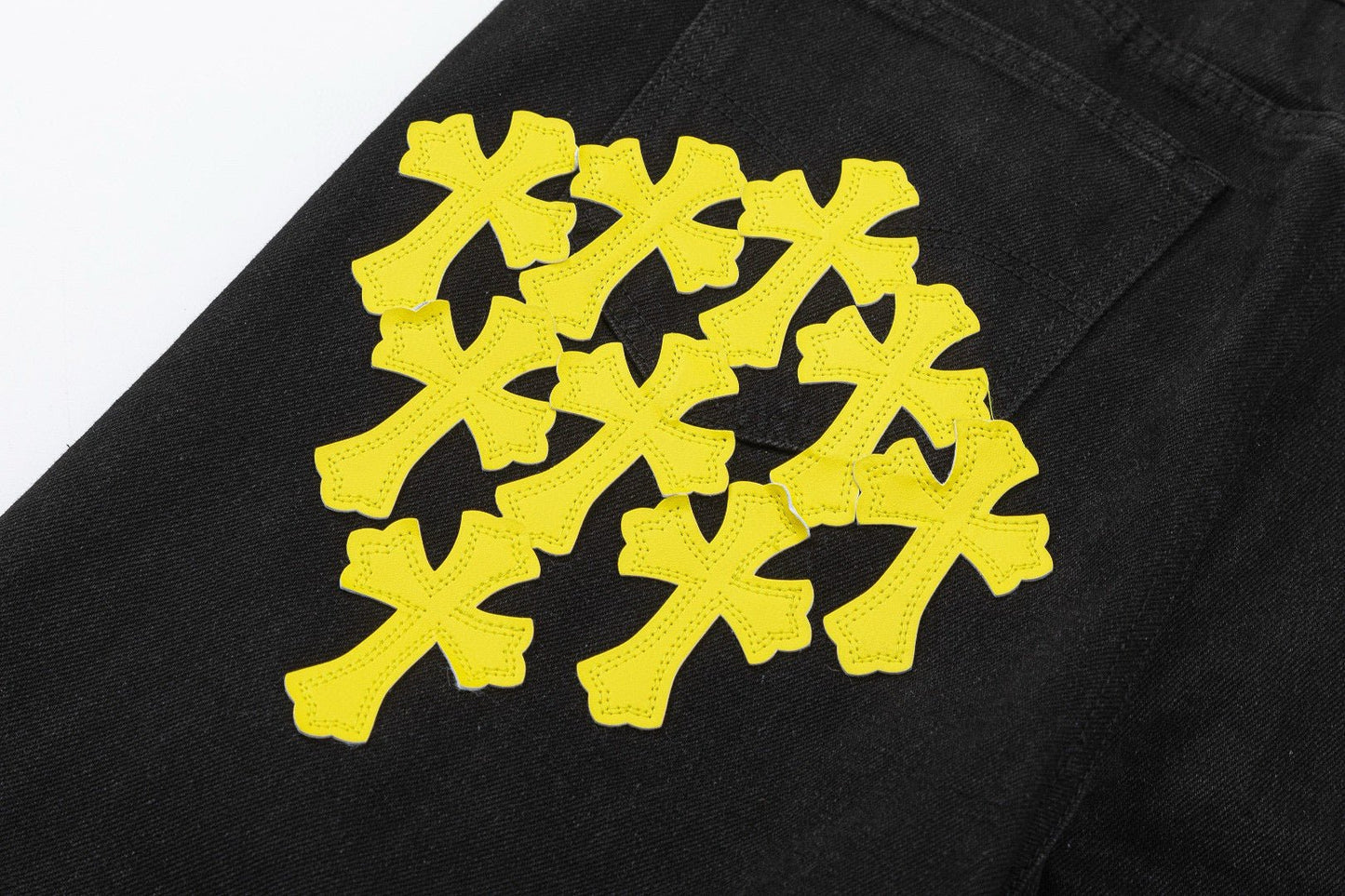 CHROME HEARTS YELLOW CROSS PATCH JEANS BLACK - Sin Sity Reps