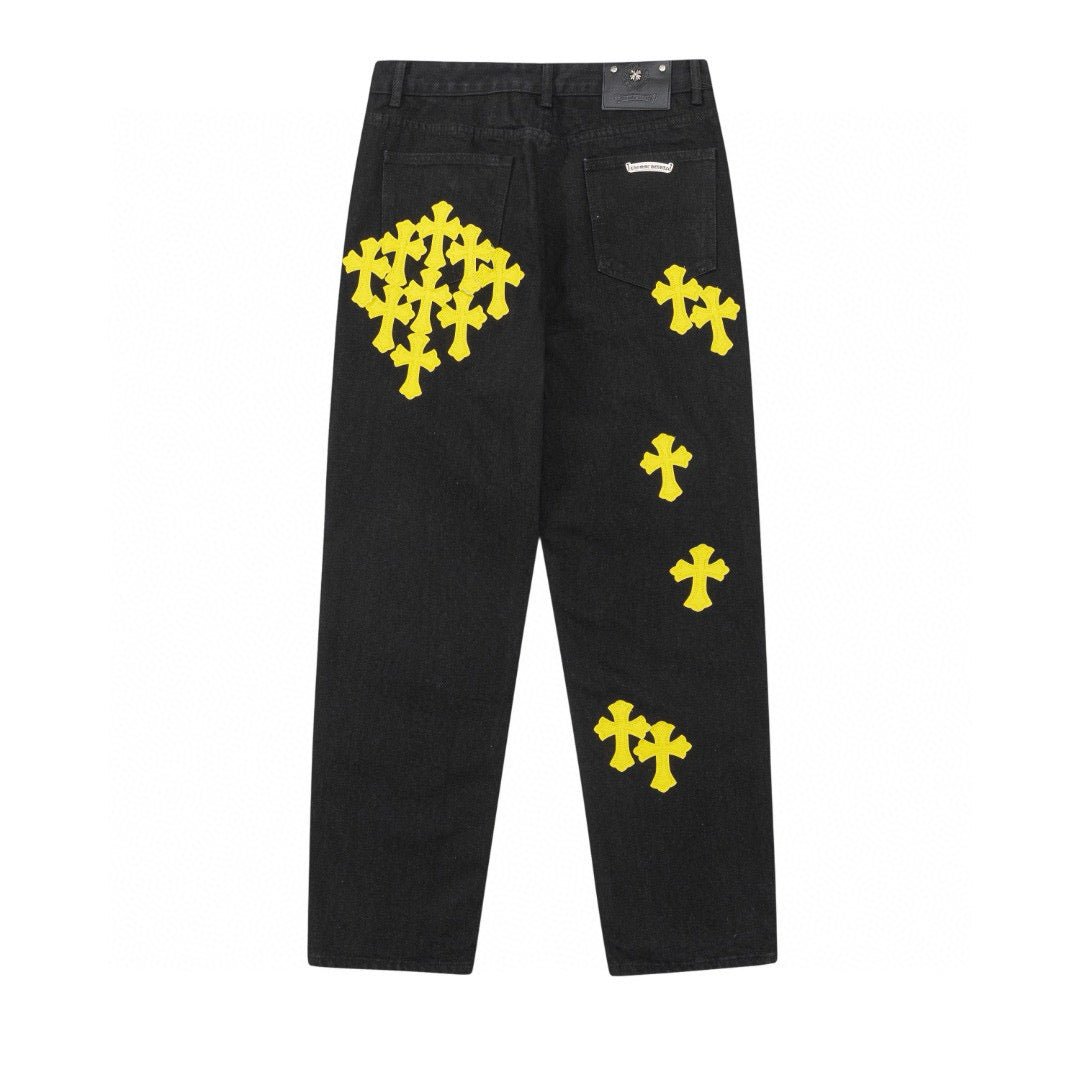 CHROME HEARTS YELLOW CROSS PATCH JEANS BLACK - Sin Sity Reps