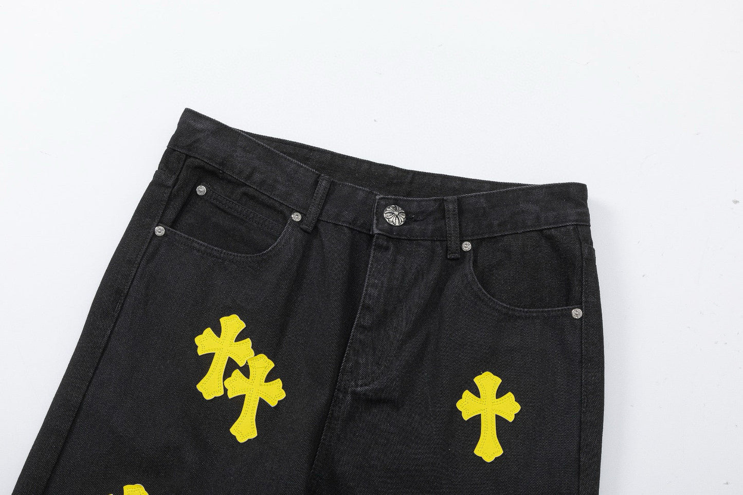 CHROME HEARTS YELLOW CROSS PATCH JEANS BLACK - Sin Sity Reps