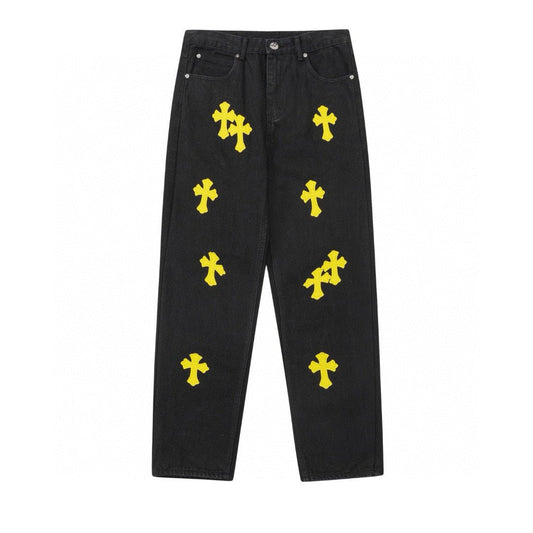 CHROME HEARTS YELLOW CROSS PATCH JEANS BLACK - Sin Sity Reps