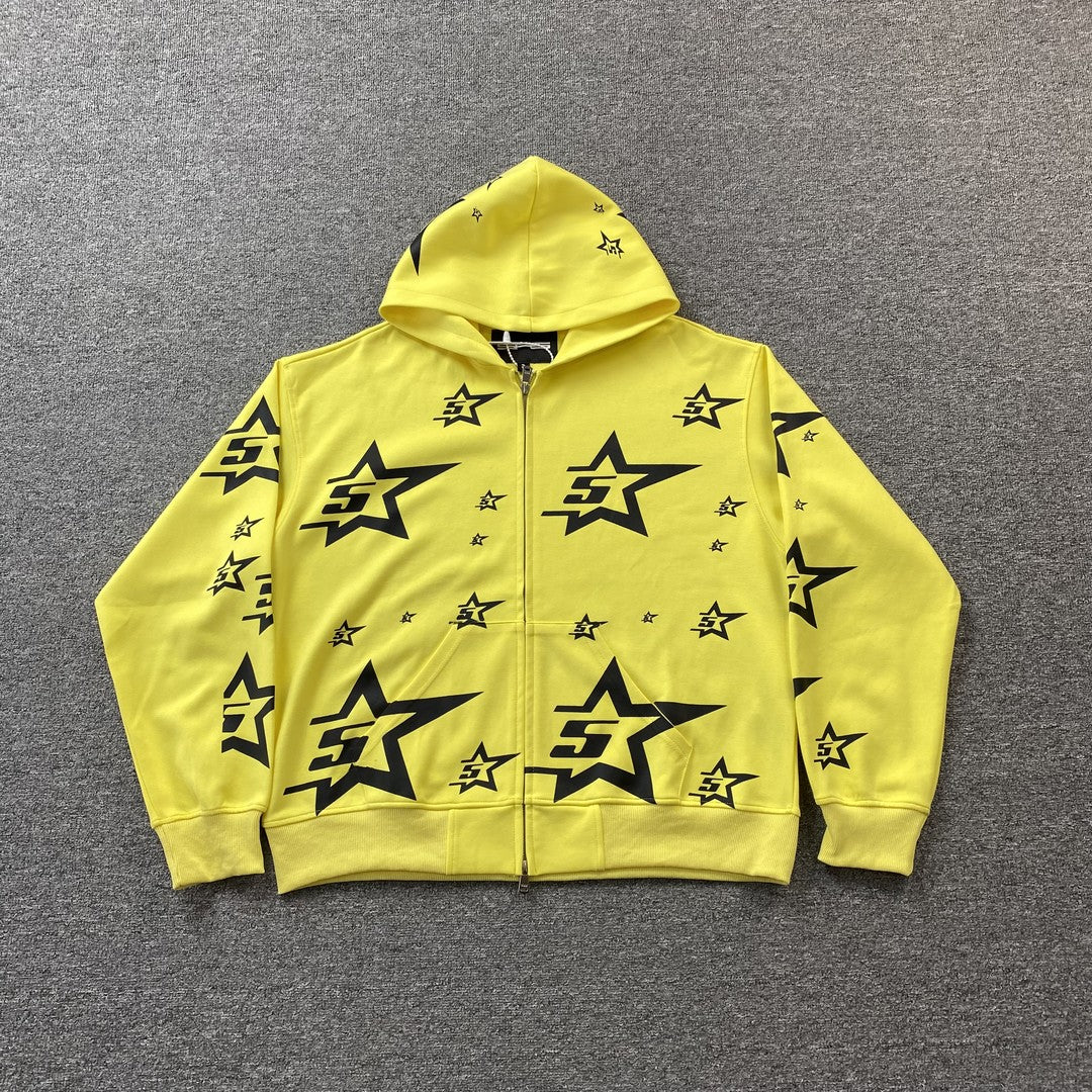 SP5DER DOUBLE LAYER 5 STAR ZIP HOODIE YELLOW - Sin Sity Reps