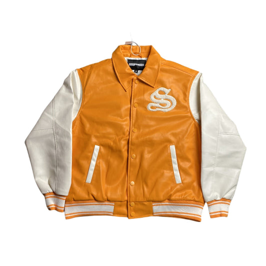 SP5DER LEATHER VARSITY JACKET ORANGE - Sin Sity Reps