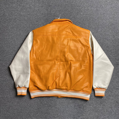 SP5DER LEATHER VARSITY JACKET ORANGE - Sin Sity Reps