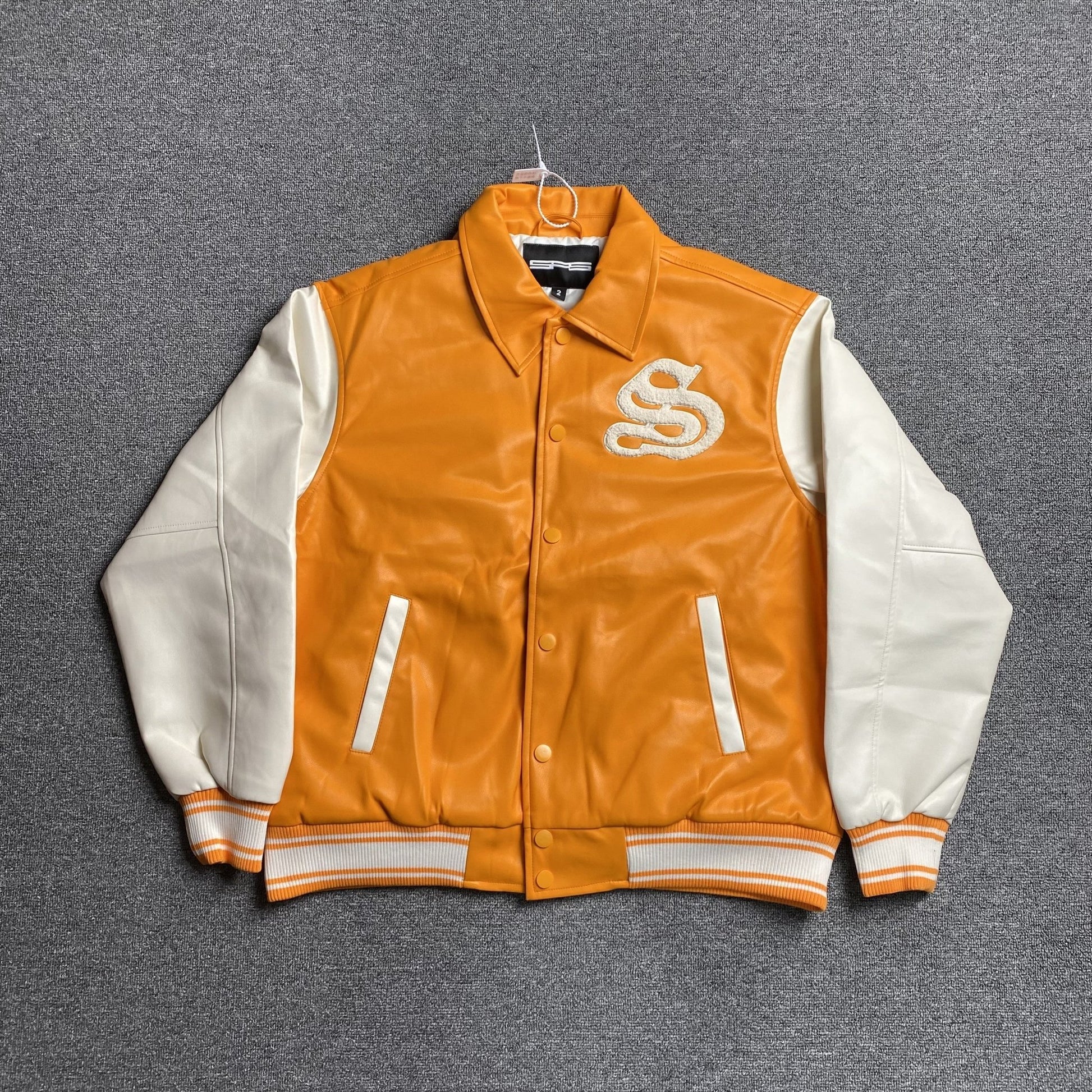 SP5DER LEATHER VARSITY JACKET ORANGE - Sin Sity Reps